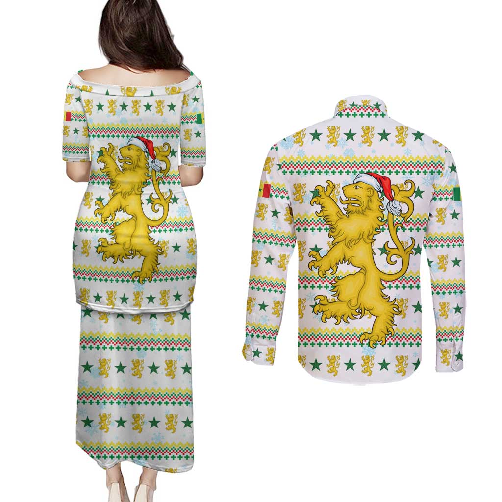 Senegal Christmas Couples Matching Puletasi and Long Sleeve Button Shirt with White-Green-Yellow Design, Golden Lion, and Festive Stars Motif - Wonder Print Shop