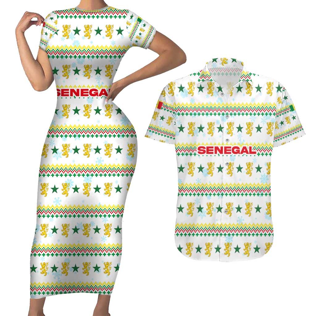 Senegal Christmas Couples Matching Short Sleeve Bodycon Dress and Hawaiian Shirt with White-Green-Yellow Design, Golden Lion, and Festive Stars Motif - Wonder Print Shop