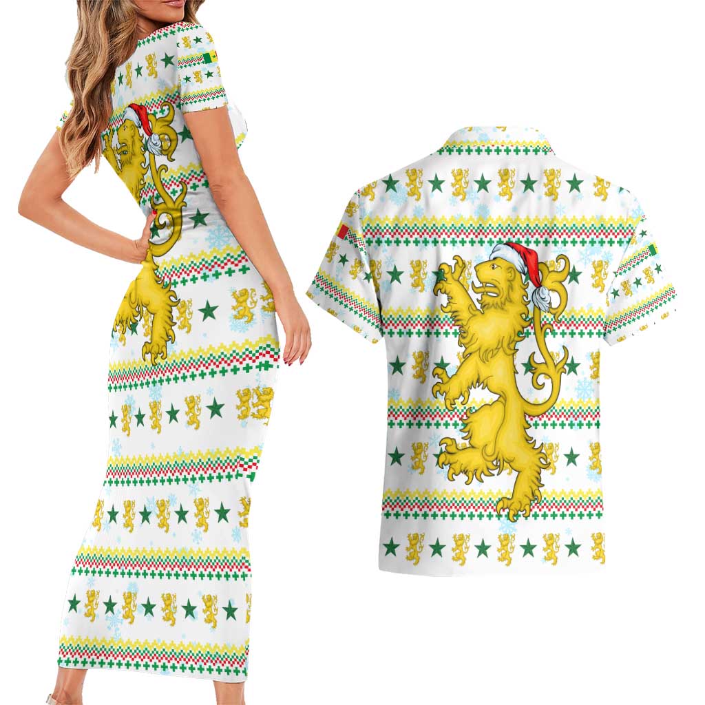 Senegal Christmas Couples Matching Short Sleeve Bodycon Dress and Hawaiian Shirt with White-Green-Yellow Design, Golden Lion, and Festive Stars Motif - Wonder Print Shop