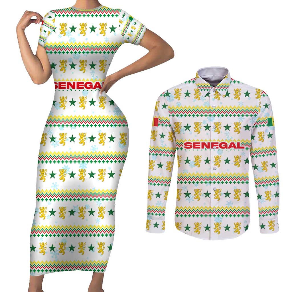 Senegal Christmas Couples Matching Short Sleeve Bodycon Dress and Long Sleeve Button Shirt with White-Green-Yellow Design, Golden Lion, and Festive Stars Motif - Wonder Print Shop