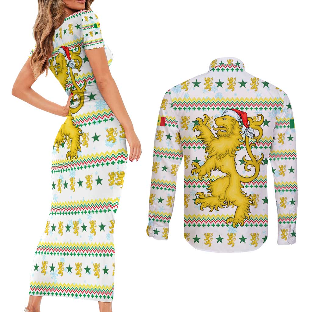 Senegal Christmas Couples Matching Short Sleeve Bodycon Dress and Long Sleeve Button Shirt with White-Green-Yellow Design, Golden Lion, and Festive Stars Motif - Wonder Print Shop