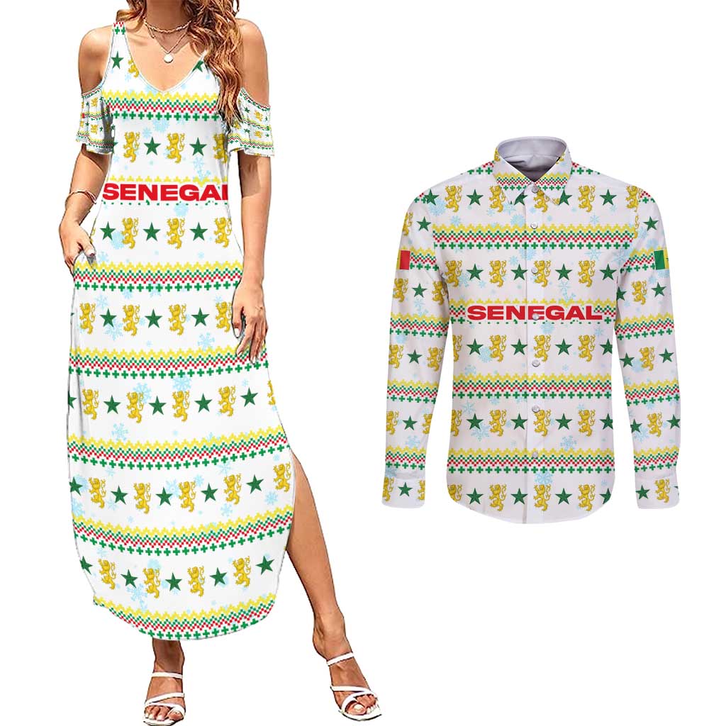 Senegal Christmas Couples Matching Summer Maxi Dress and Long Sleeve Button Shirt with White-Green-Yellow Design, Golden Lion, and Festive Stars Motif - Wonder Print Shop