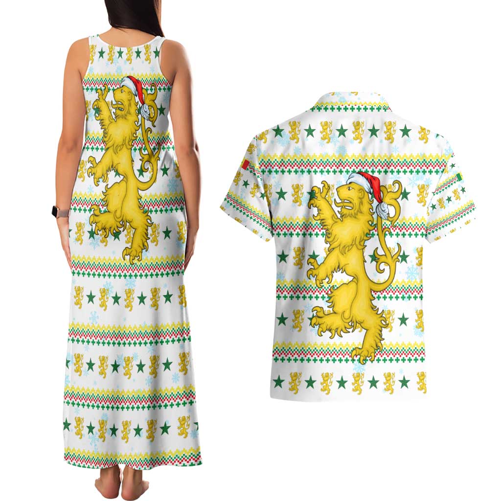 Senegal Christmas Couples Matching Tank Maxi Dress and Hawaiian Shirt with White-Green-Yellow Design, Golden Lion, and Festive Stars Motif - Wonder Print Shop