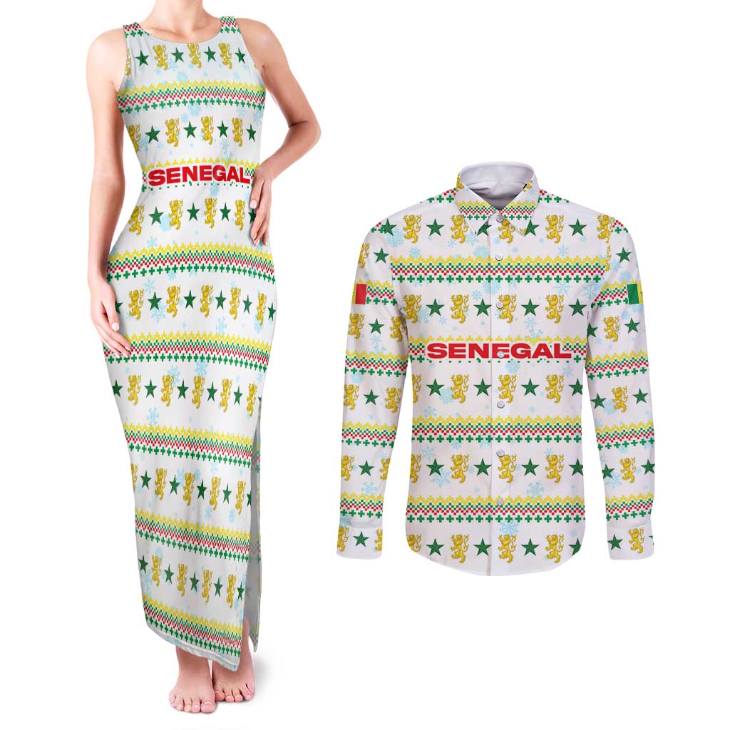 Senegal Christmas Couples Matching Tank Maxi Dress and Long Sleeve Button Shirt with White-Green-Yellow Design, Golden Lion, and Festive Stars Motif - Wonder Print Shop