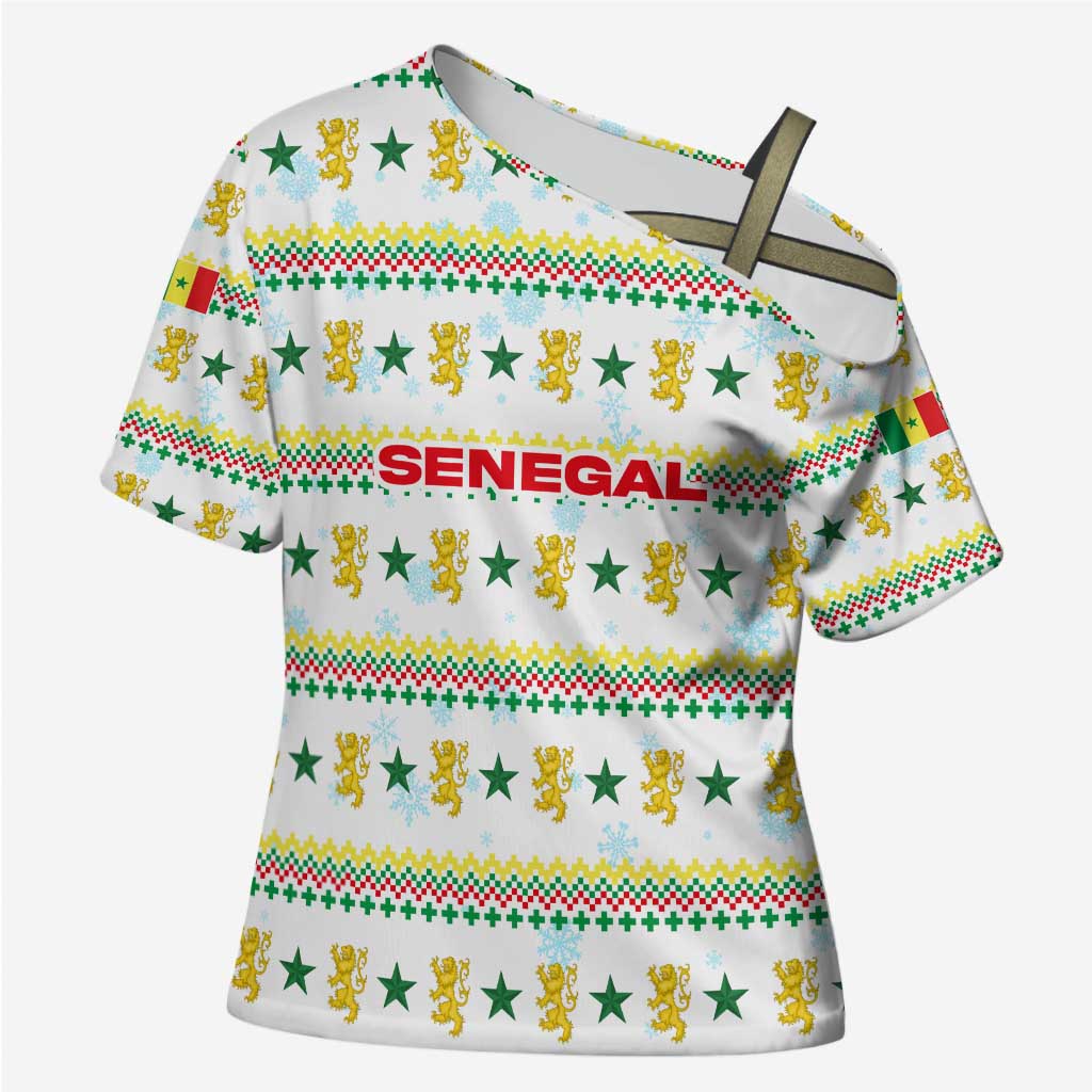 Senegal Christmas Cross Shoulder Shirt with White-Green-Yellow Design, Golden Lion, and Festive Stars Motif - Wonder Print Shop