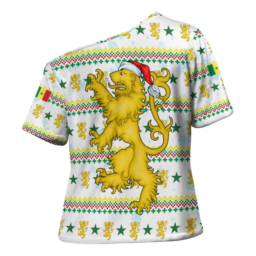 Senegal Christmas Cross Shoulder Shirt with White-Green-Yellow Design, Golden Lion, and Festive Stars Motif - Wonder Print Shop