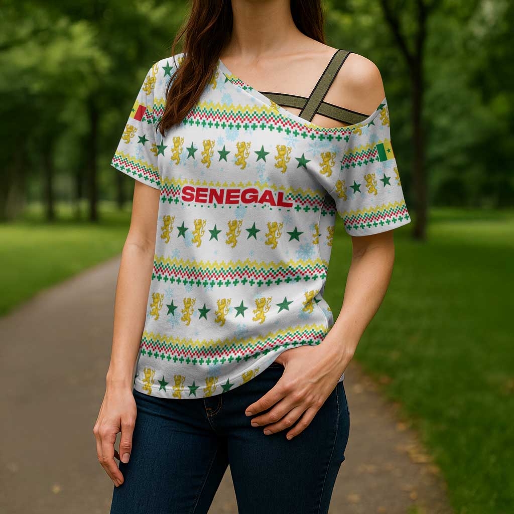 Senegal Christmas Cross Shoulder Shirt with White-Green-Yellow Design, Golden Lion, and Festive Stars Motif - Wonder Print Shop