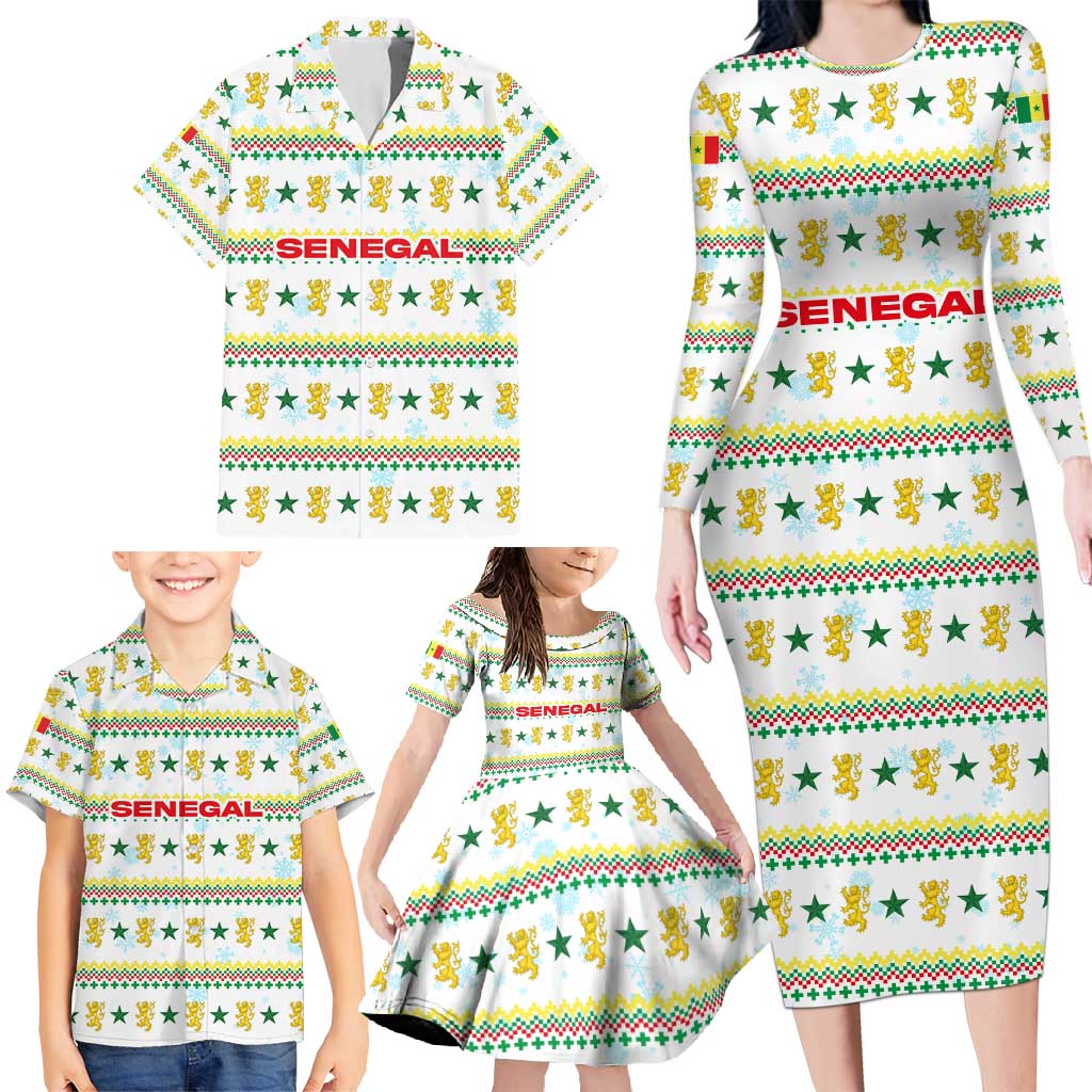 Senegal Christmas Family Matching Long Sleeve Bodycon Dress and Hawaiian Shirt with White-Green-Yellow Design, Golden Lion, and Festive Stars Motif - Wonder Print Shop