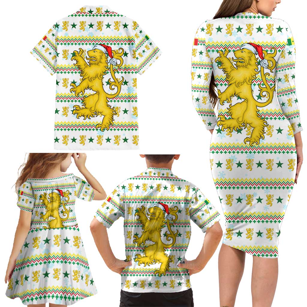 Senegal Christmas Family Matching Long Sleeve Bodycon Dress and Hawaiian Shirt with White-Green-Yellow Design, Golden Lion, and Festive Stars Motif - Wonder Print Shop