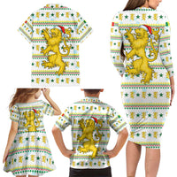 Senegal Christmas Family Matching Long Sleeve Bodycon Dress and Hawaiian Shirt with White-Green-Yellow Design, Golden Lion, and Festive Stars Motif - Wonder Print Shop