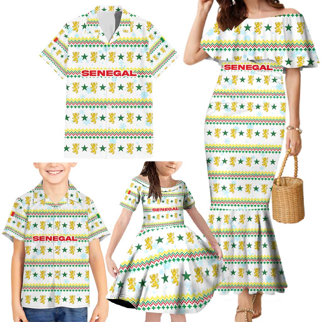Senegal Christmas Family Matching Mermaid Dress and Hawaiian Shirt with White-Green-Yellow Design, Golden Lion, and Festive Stars Motif - Wonder Print Shop