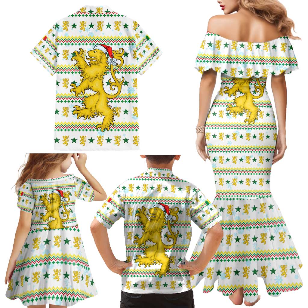 Senegal Christmas Family Matching Mermaid Dress and Hawaiian Shirt with White-Green-Yellow Design, Golden Lion, and Festive Stars Motif - Wonder Print Shop