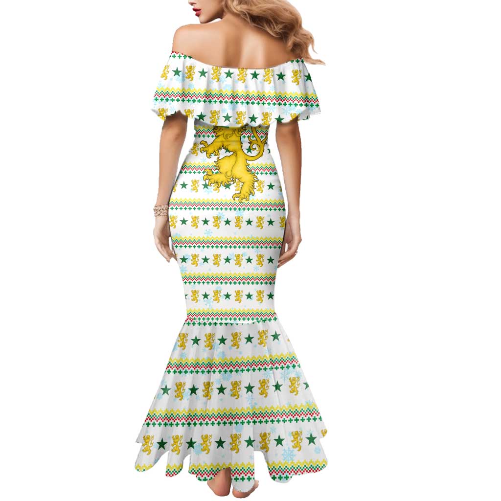 Senegal Christmas Family Matching Mermaid Dress and Hawaiian Shirt with White-Green-Yellow Design, Golden Lion, and Festive Stars Motif - Wonder Print Shop