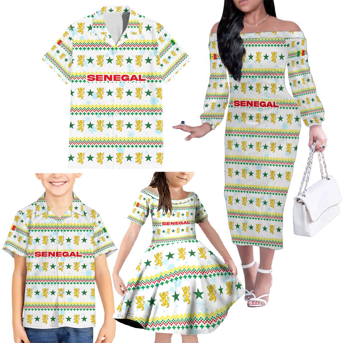 Senegal Christmas Family Matching Off The Shoulder Long Sleeve Dress and Hawaiian Shirt with White-Green-Yellow Design, Golden Lion, and Festive Stars Motif - Wonder Print Shop