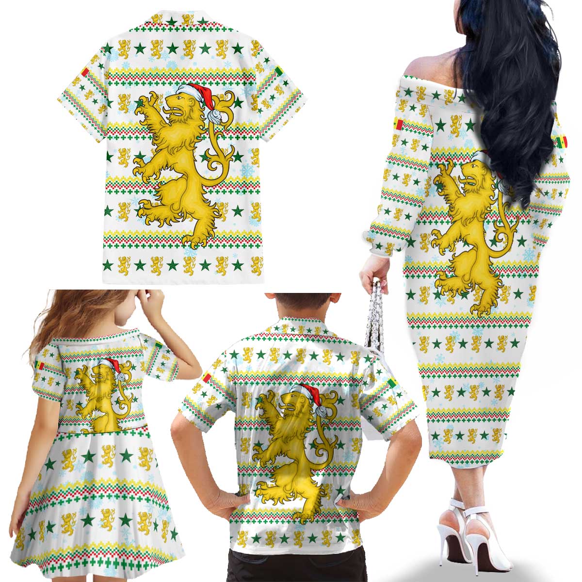 Senegal Christmas Family Matching Off The Shoulder Long Sleeve Dress and Hawaiian Shirt with White-Green-Yellow Design, Golden Lion, and Festive Stars Motif - Wonder Print Shop