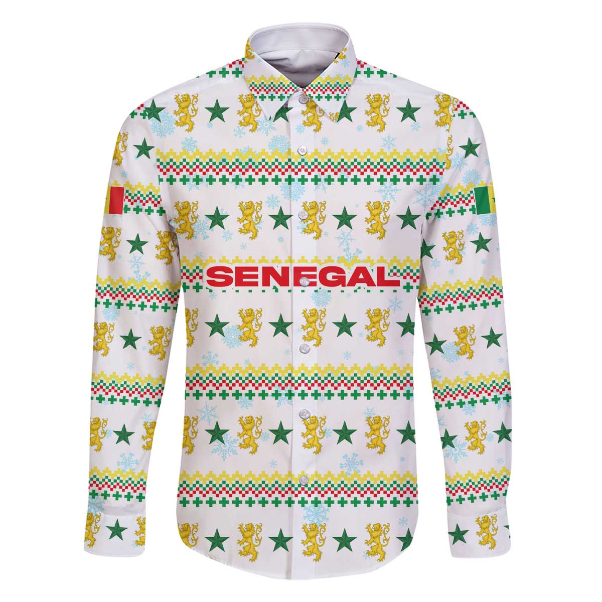 Senegal Christmas Family Matching Off The Shoulder Long Sleeve Dress and Hawaiian Shirt with White-Green-Yellow Design, Golden Lion, and Festive Stars Motif - Wonder Print Shop