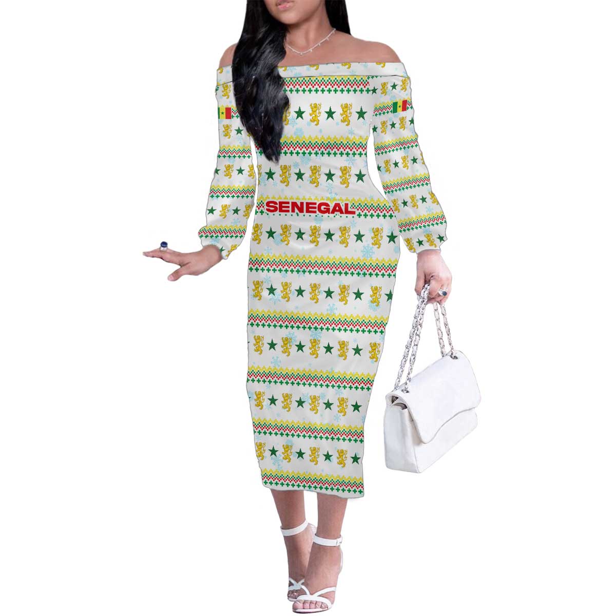 Senegal Christmas Family Matching Off The Shoulder Long Sleeve Dress and Hawaiian Shirt with White-Green-Yellow Design, Golden Lion, and Festive Stars Motif - Wonder Print Shop