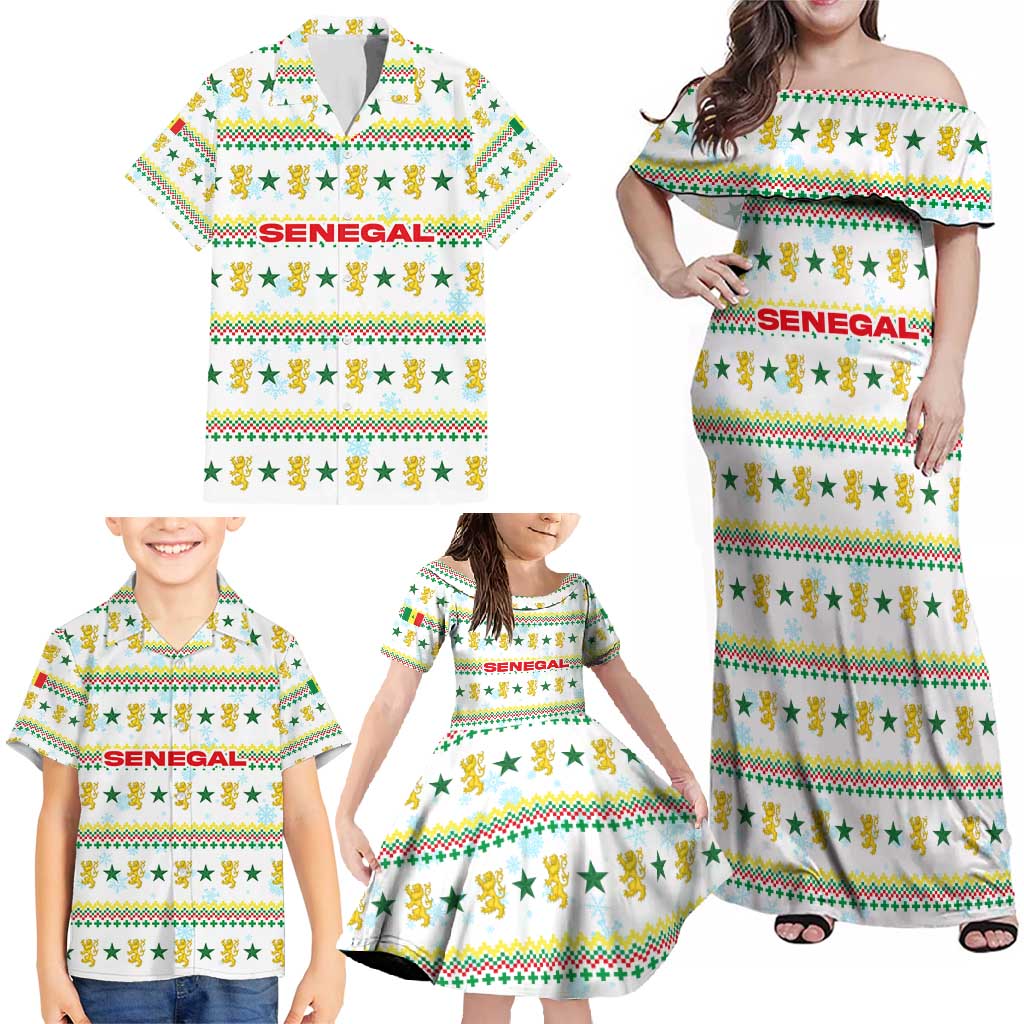 Senegal Christmas Family Matching Off Shoulder Maxi Dress and Hawaiian Shirt with White-Green-Yellow Design, Golden Lion, and Festive Stars Motif - Wonder Print Shop