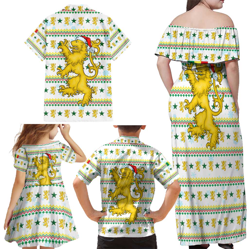 Senegal Christmas Family Matching Off Shoulder Maxi Dress and Hawaiian Shirt with White-Green-Yellow Design, Golden Lion, and Festive Stars Motif - Wonder Print Shop