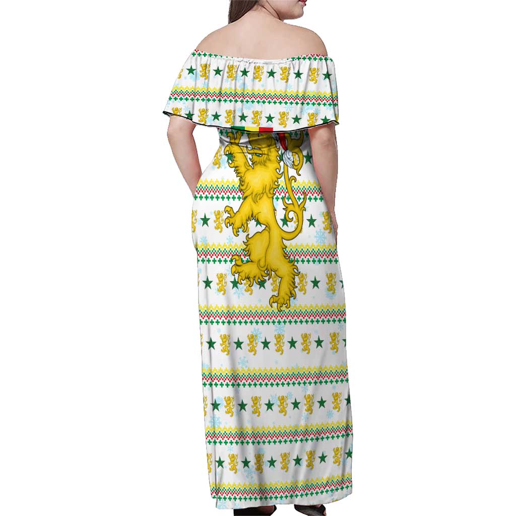 Senegal Christmas Family Matching Off Shoulder Maxi Dress and Hawaiian Shirt with White-Green-Yellow Design, Golden Lion, and Festive Stars Motif - Wonder Print Shop