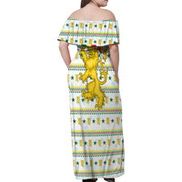 Senegal Christmas Family Matching Off Shoulder Maxi Dress and Hawaiian Shirt with White-Green-Yellow Design, Golden Lion, and Festive Stars Motif - Wonder Print Shop