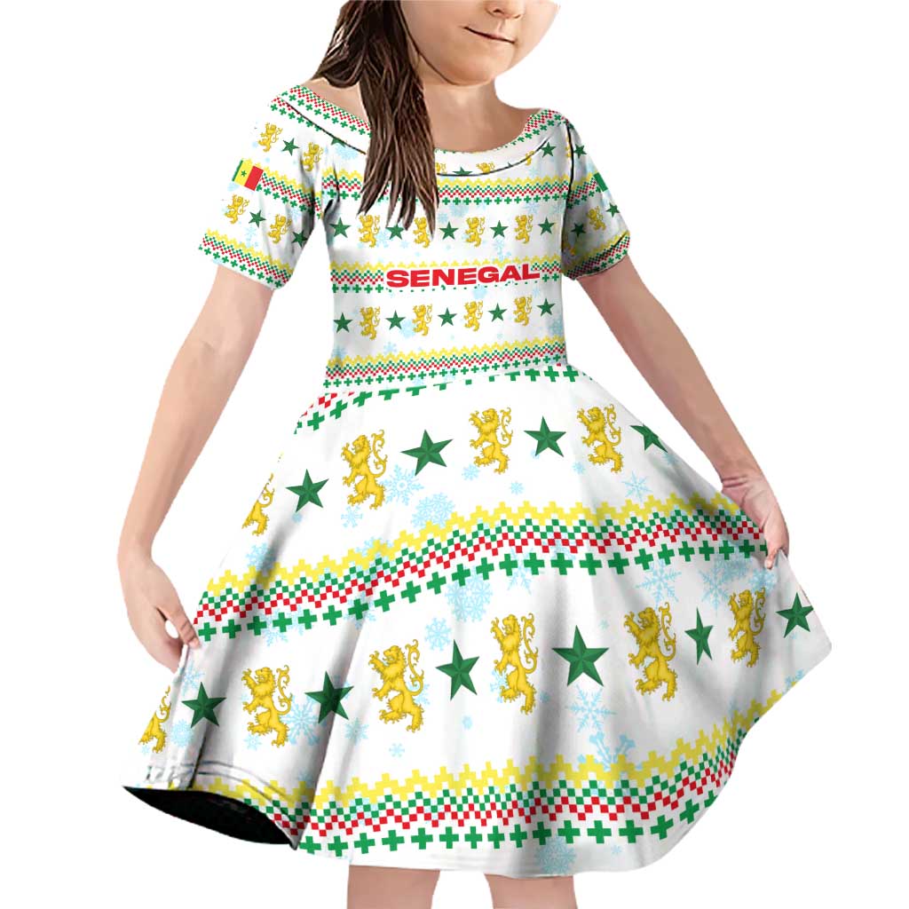 Senegal Christmas Family Matching Off Shoulder Short Dress and Hawaiian Shirt with White-Green-Yellow Design, Golden Lion, and Festive Stars Motif - Wonder Print Shop