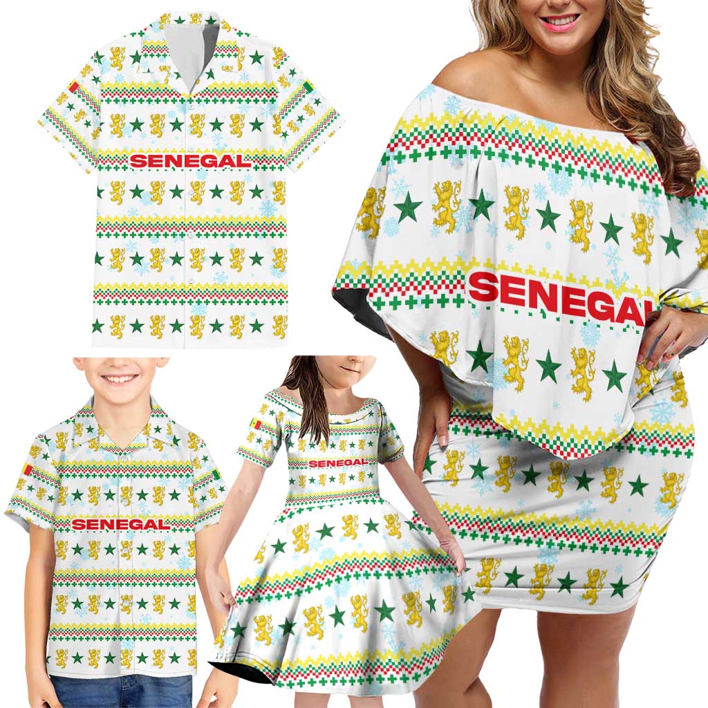 Senegal Christmas Family Matching Off Shoulder Short Dress and Hawaiian Shirt with White-Green-Yellow Design, Golden Lion, and Festive Stars Motif - Wonder Print Shop
