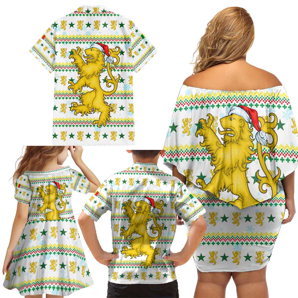 Senegal Christmas Family Matching Off Shoulder Short Dress and Hawaiian Shirt with White-Green-Yellow Design, Golden Lion, and Festive Stars Motif - Wonder Print Shop