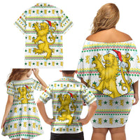 Senegal Christmas Family Matching Off Shoulder Short Dress and Hawaiian Shirt with White-Green-Yellow Design, Golden Lion, and Festive Stars Motif - Wonder Print Shop