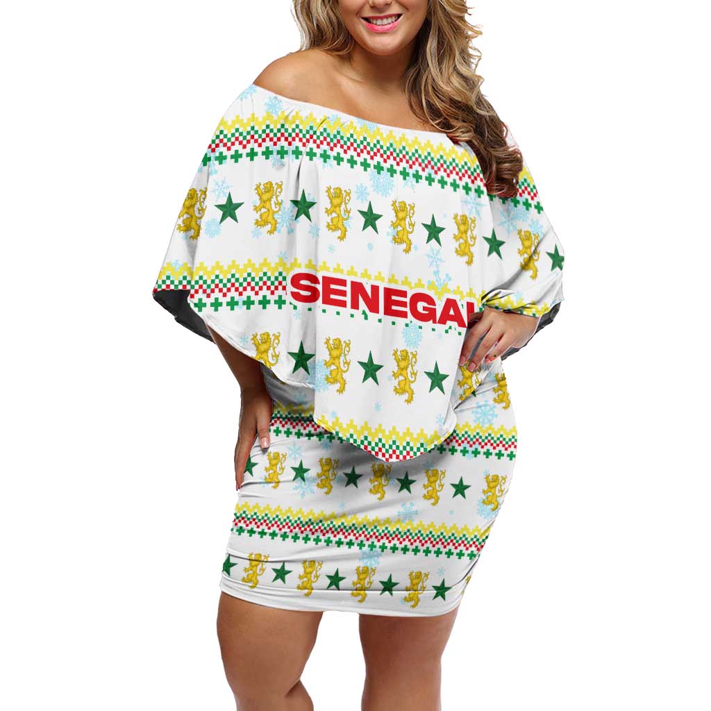 Senegal Christmas Family Matching Off Shoulder Short Dress and Hawaiian Shirt with White-Green-Yellow Design, Golden Lion, and Festive Stars Motif - Wonder Print Shop