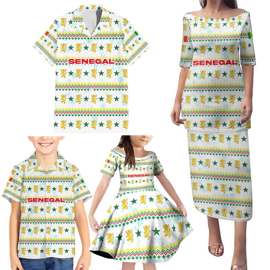 Senegal Christmas Family Matching Puletasi and Hawaiian Shirt with White-Green-Yellow Design, Golden Lion, and Festive Stars Motif - Wonder Print Shop