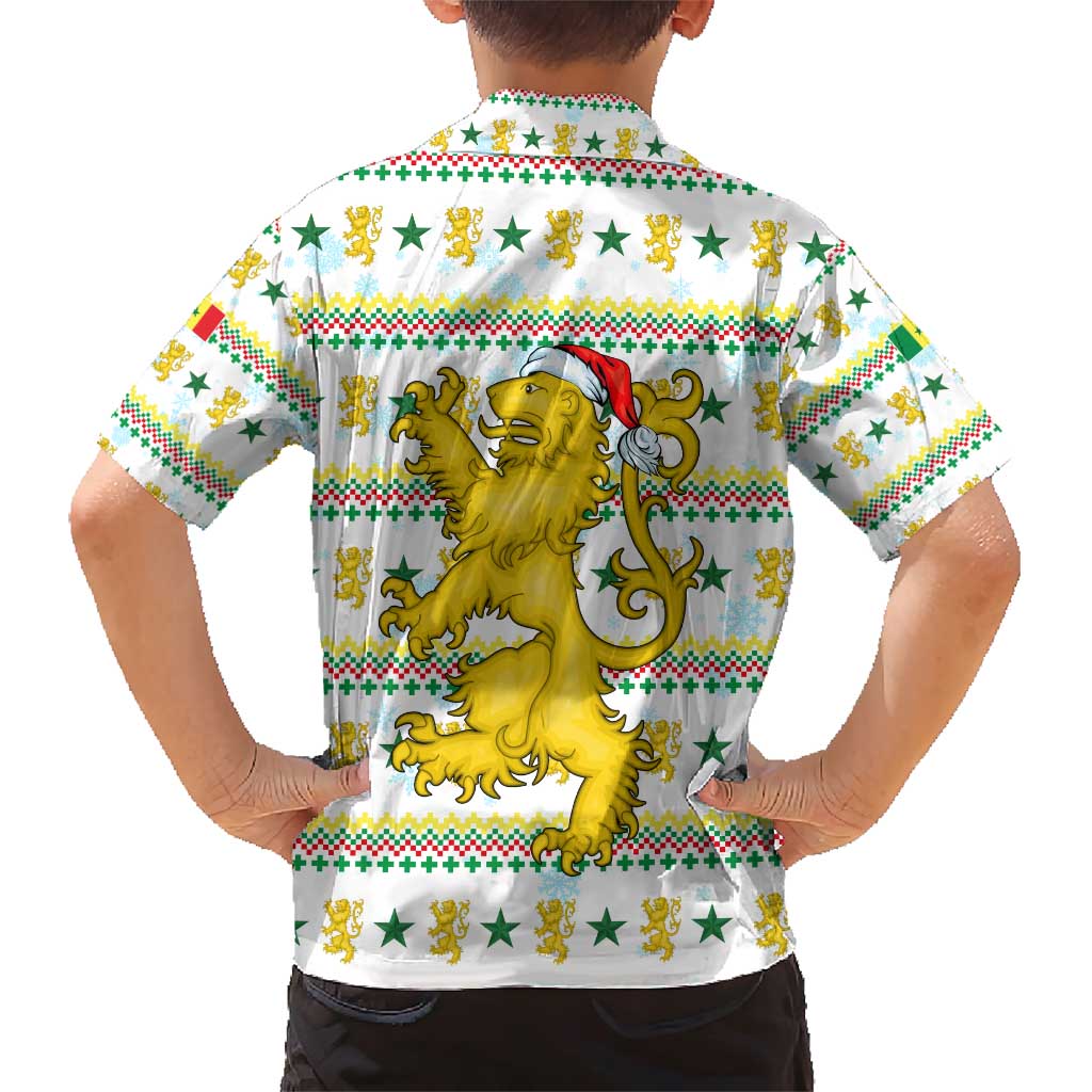 Senegal Christmas Family Matching Short Sleeve Bodycon Dress and Hawaiian Shirt with White-Green-Yellow Design, Golden Lion, and Festive Stars Motif - Wonder Print Shop