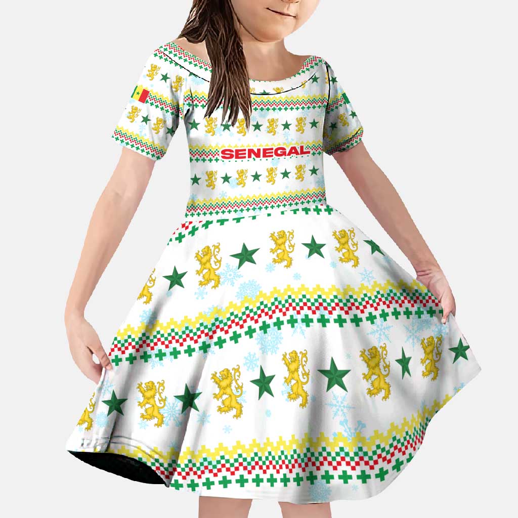 Senegal Christmas Family Matching Short Sleeve Bodycon Dress and Hawaiian Shirt with White-Green-Yellow Design, Golden Lion, and Festive Stars Motif - Wonder Print Shop