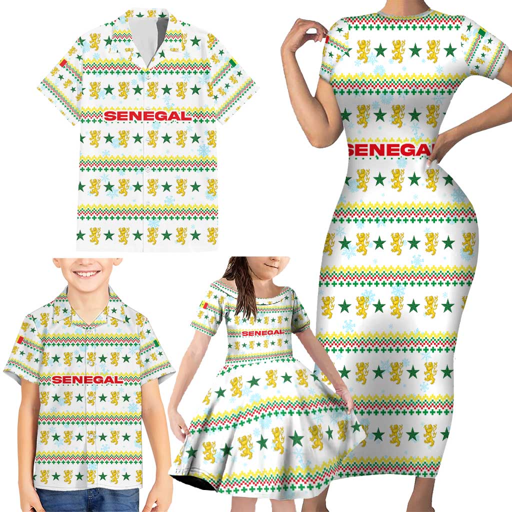 Senegal Christmas Family Matching Short Sleeve Bodycon Dress and Hawaiian Shirt with White-Green-Yellow Design, Golden Lion, and Festive Stars Motif - Wonder Print Shop