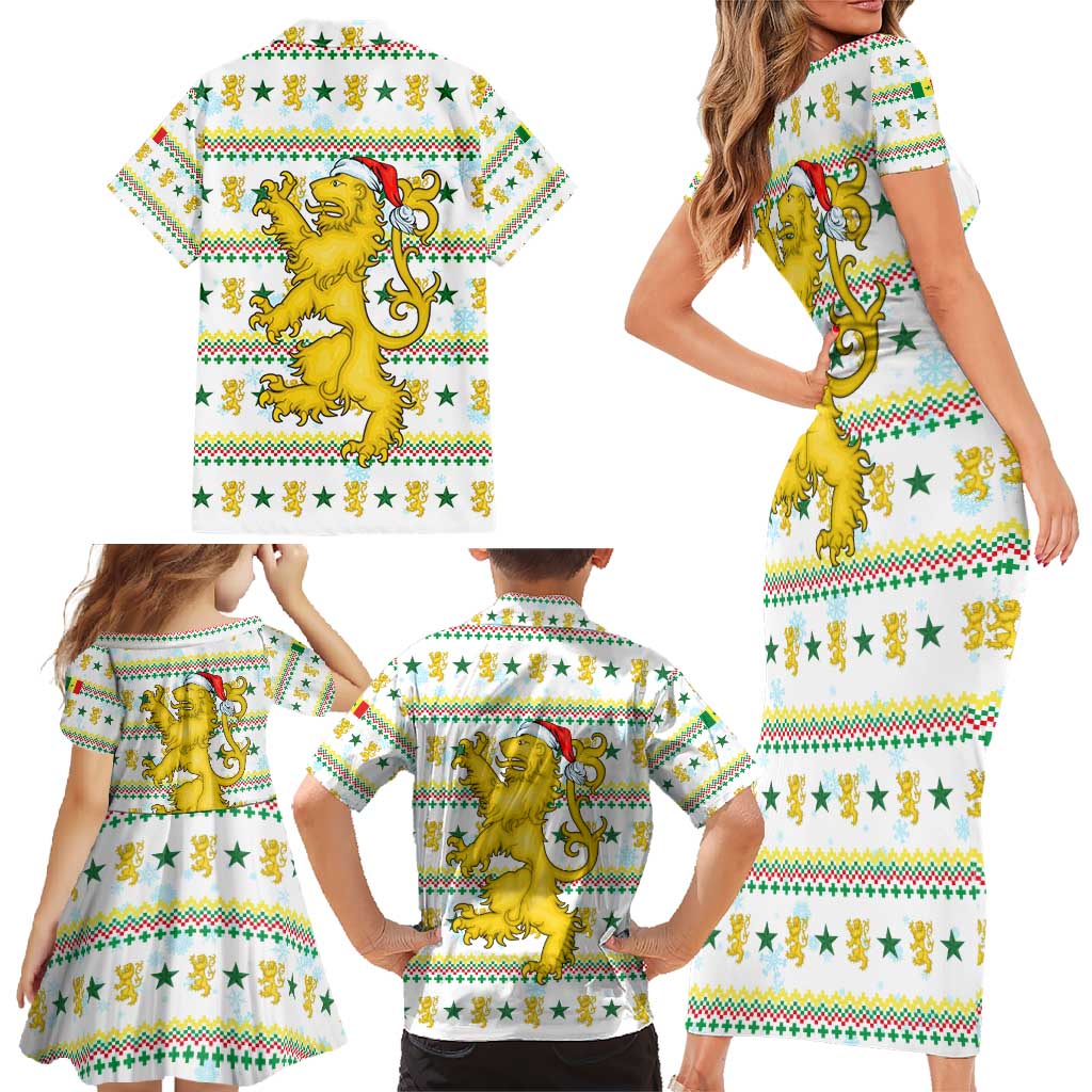 Senegal Christmas Family Matching Short Sleeve Bodycon Dress and Hawaiian Shirt with White-Green-Yellow Design, Golden Lion, and Festive Stars Motif - Wonder Print Shop