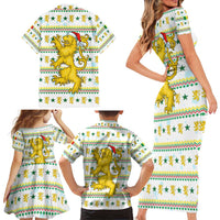 Senegal Christmas Family Matching Short Sleeve Bodycon Dress and Hawaiian Shirt with White-Green-Yellow Design, Golden Lion, and Festive Stars Motif - Wonder Print Shop