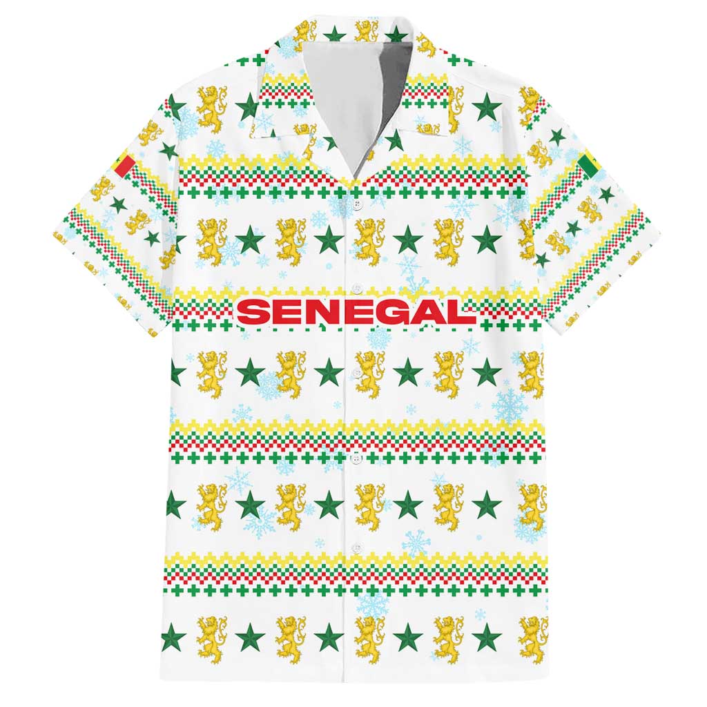 Senegal Christmas Family Matching Short Sleeve Bodycon Dress and Hawaiian Shirt with White-Green-Yellow Design, Golden Lion, and Festive Stars Motif - Wonder Print Shop