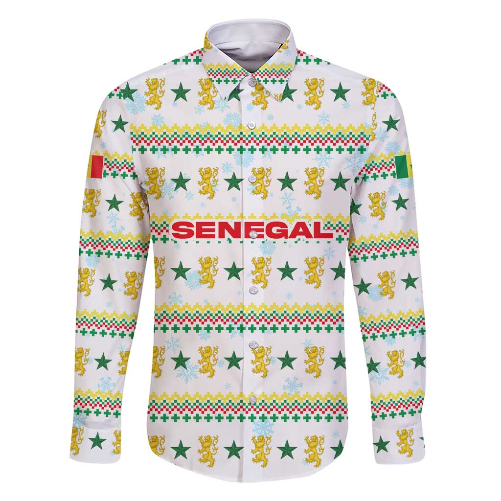 Senegal Christmas Family Matching Short Sleeve Bodycon Dress and Hawaiian Shirt with White-Green-Yellow Design, Golden Lion, and Festive Stars Motif - Wonder Print Shop