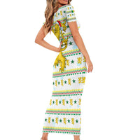 Senegal Christmas Family Matching Short Sleeve Bodycon Dress and Hawaiian Shirt with White-Green-Yellow Design, Golden Lion, and Festive Stars Motif - Wonder Print Shop