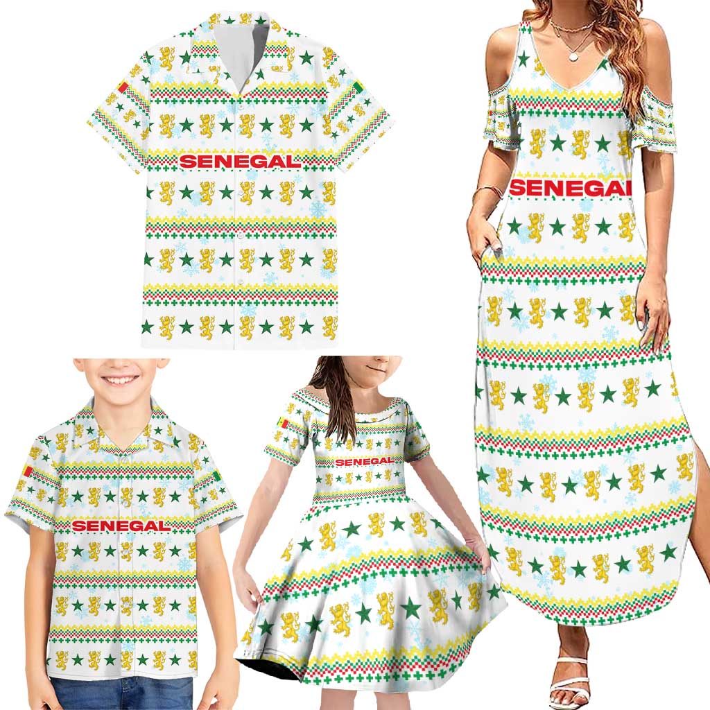 Senegal Christmas Family Matching Summer Maxi Dress and Hawaiian Shirt with White-Green-Yellow Design, Golden Lion, and Festive Stars Motif - Wonder Print Shop