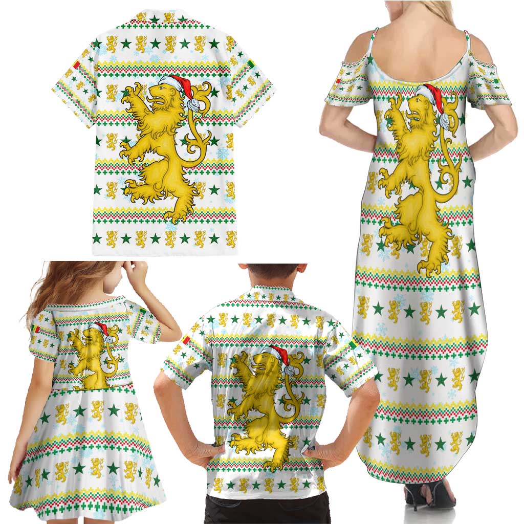 Senegal Christmas Family Matching Summer Maxi Dress and Hawaiian Shirt with White-Green-Yellow Design, Golden Lion, and Festive Stars Motif - Wonder Print Shop
