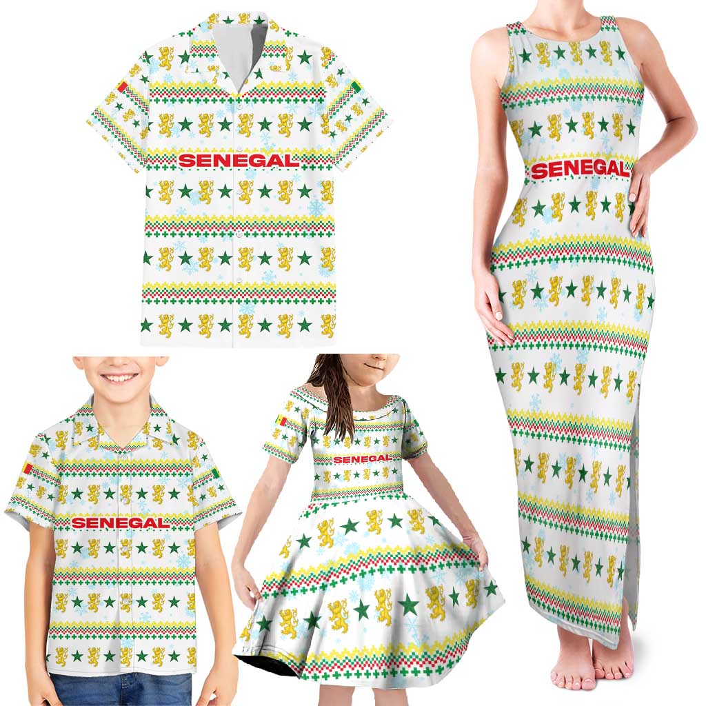 Senegal Christmas Family Matching Tank Maxi Dress and Hawaiian Shirt with White-Green-Yellow Design, Golden Lion, and Festive Stars Motif - Wonder Print Shop