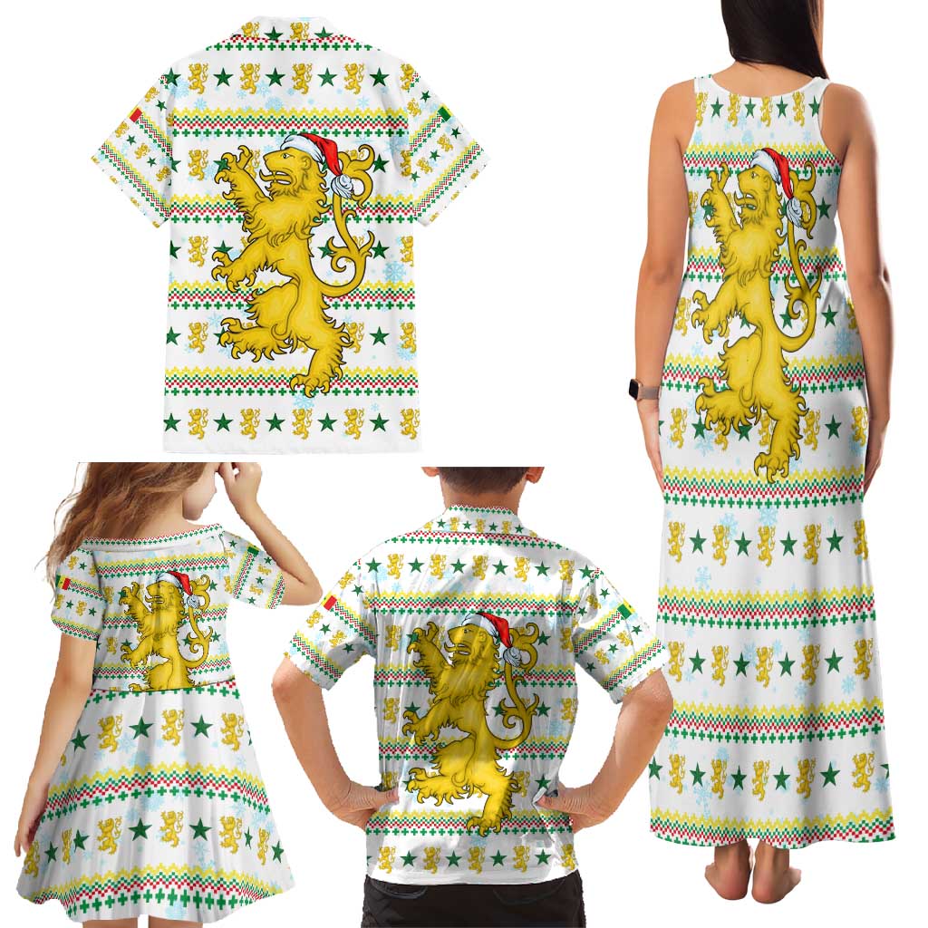 Senegal Christmas Family Matching Tank Maxi Dress and Hawaiian Shirt with White-Green-Yellow Design, Golden Lion, and Festive Stars Motif - Wonder Print Shop