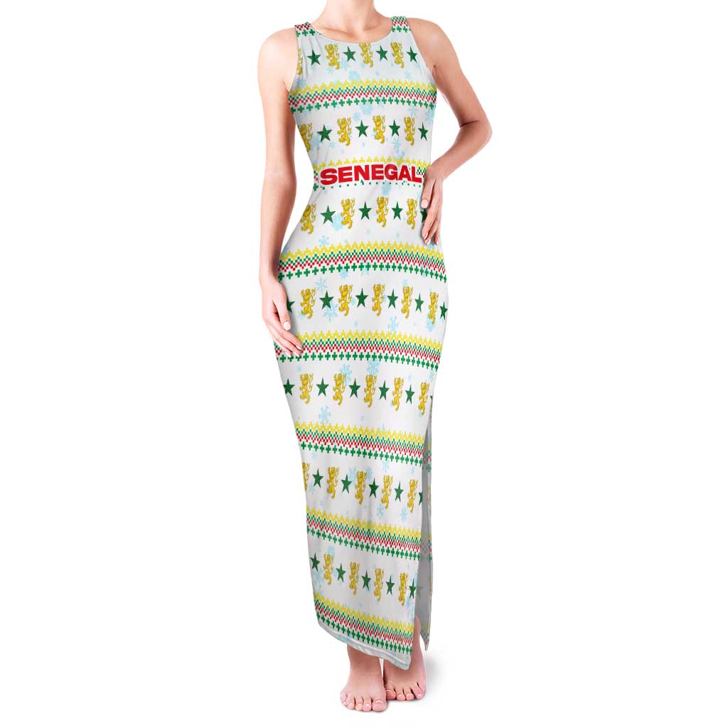 Senegal Christmas Family Matching Tank Maxi Dress and Hawaiian Shirt with White-Green-Yellow Design, Golden Lion, and Festive Stars Motif - Wonder Print Shop