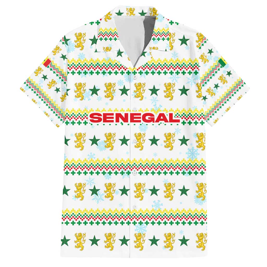 Senegal Christmas Hawaiian Shirt with White-Green-Yellow Design, Golden Lion, and Festive Stars Motif - Wonder Print Shop