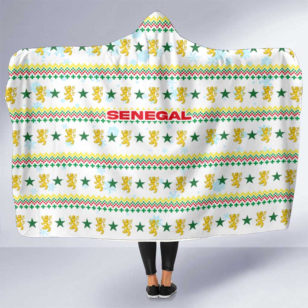 Senegal Christmas Hooded Blanket with White-Green-Yellow Design, Golden Lion, and Festive Stars Motif - Wonder Print Shop