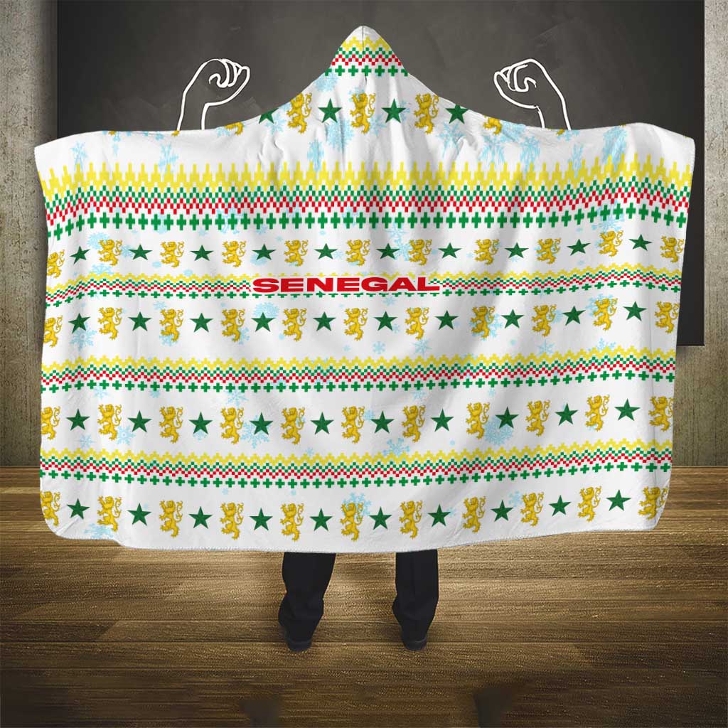 Senegal Christmas Hooded Blanket with White-Green-Yellow Design, Golden Lion, and Festive Stars Motif - Wonder Print Shop