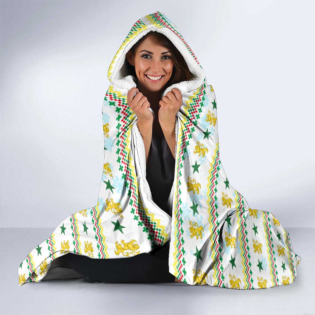 Senegal Christmas Hooded Blanket with White-Green-Yellow Design, Golden Lion, and Festive Stars Motif - Wonder Print Shop