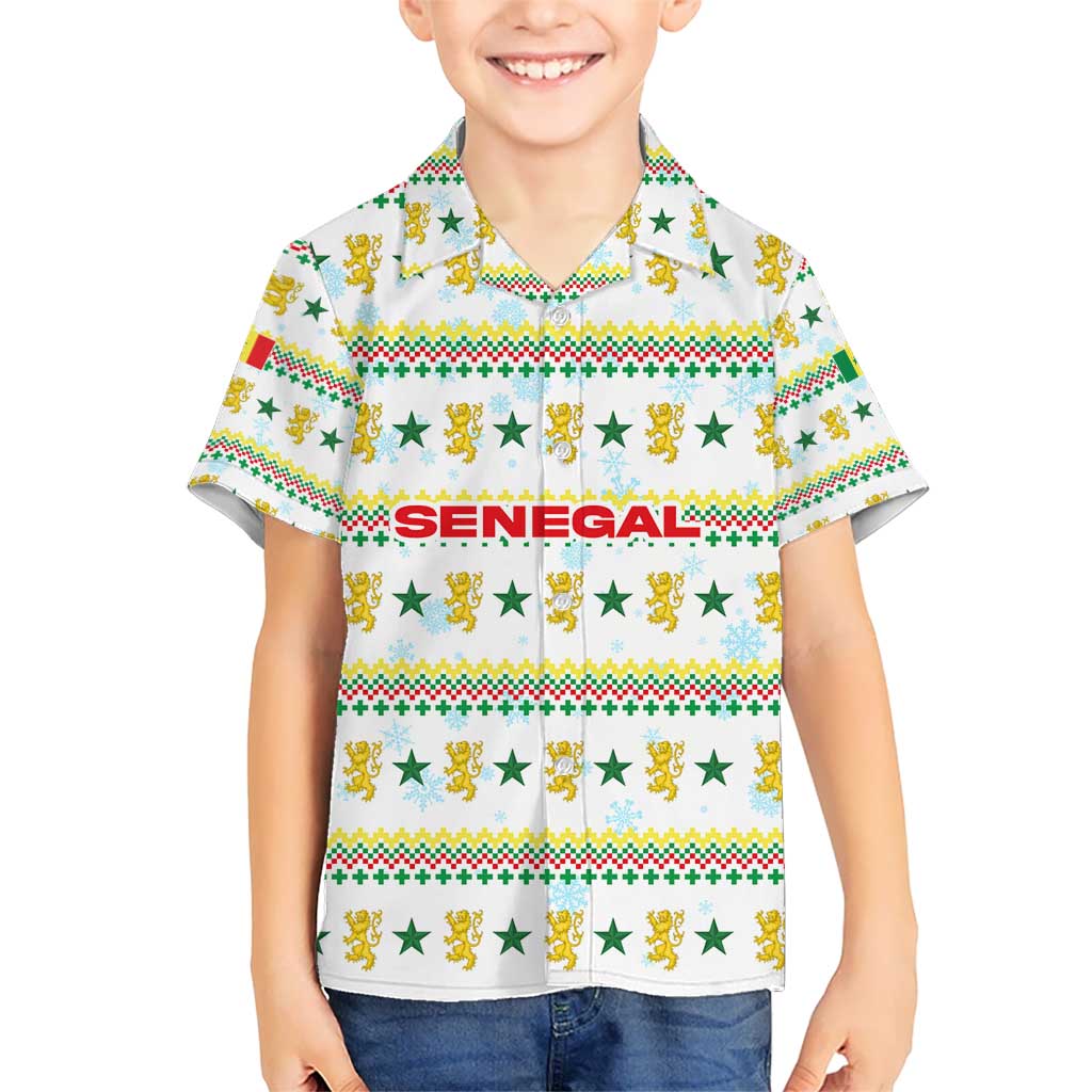 Senegal Christmas Kid Hawaiian Shirt with White-Green-Yellow Design, Golden Lion, and Festive Stars Motif - Wonder Print Shop