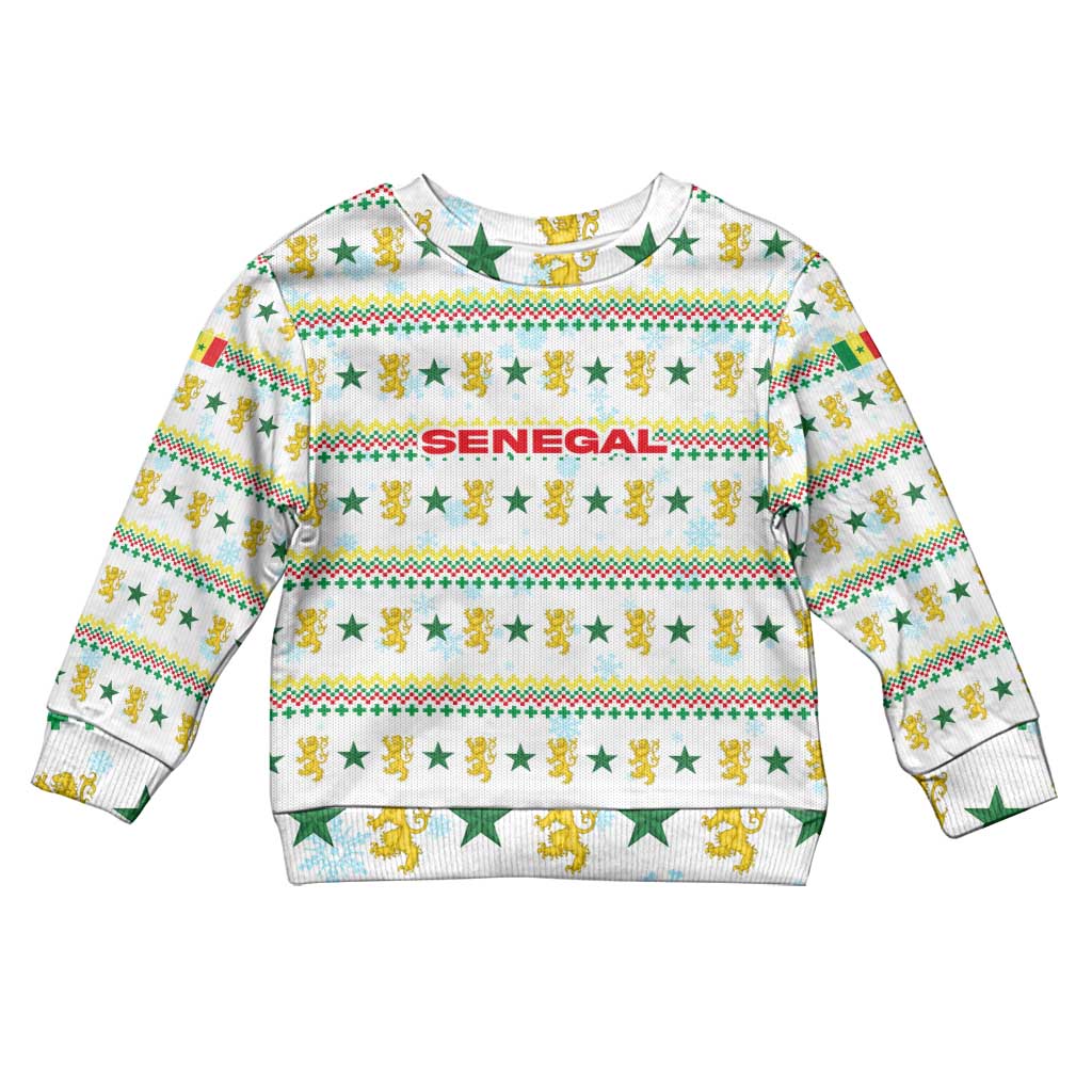 Senegal Christmas Kid Ugly Christmas Sweater with White-Green-Yellow Design, Golden Lion, and Festive Stars Motif - Wonder Print Shop